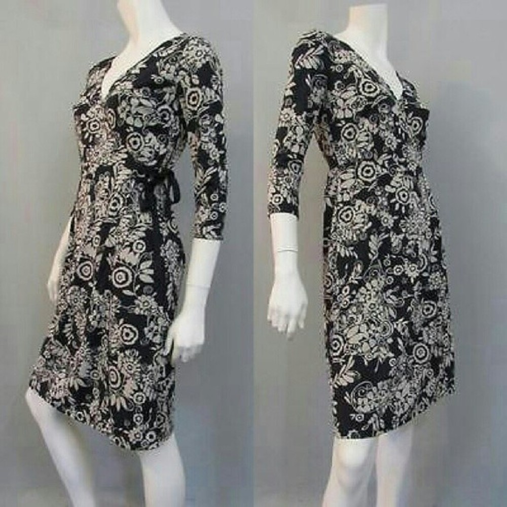 ANN TAYLOR WRAP DRESS Black Tan Print 3/4 LONG SLEEVE Size 4 Small WOMENS NWOT